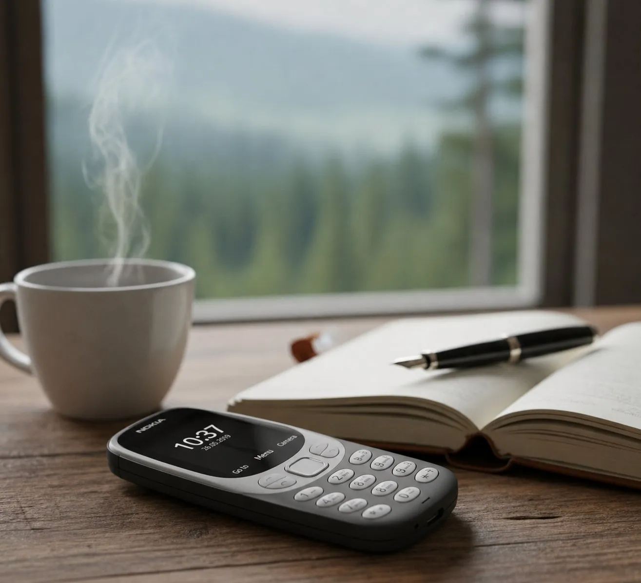 Mobil Nokia 3310 na drevenom stole vedľa šálky kávy a otvoreného zápisníka s perom, za oknom les.